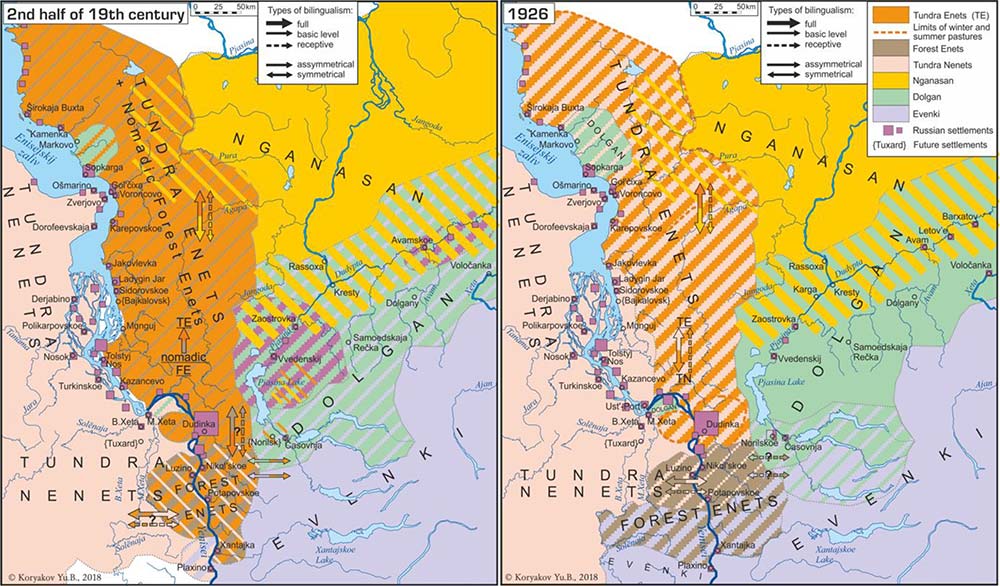 左：19世紀後半のイエニセイ下流の先住民言語と民族間コミュニケーション言語（Patkanov 1912; Vasil'ev 1979, 1982; Vasil'ev & Simčenko 1963; Dolgix 1970a; Ostrovskix 1929を基に作成）。右：1926年のイエニセイ下流の先住民言語と民族間コミュニケーション言語（Vasil'ev 1970, 1985; Dolgix 1946, 1962b, 1963, 1970a+b; Materialy 1928を基に作成）。画像はKhanina & Koryakov 2018から改変）。全図を見る。