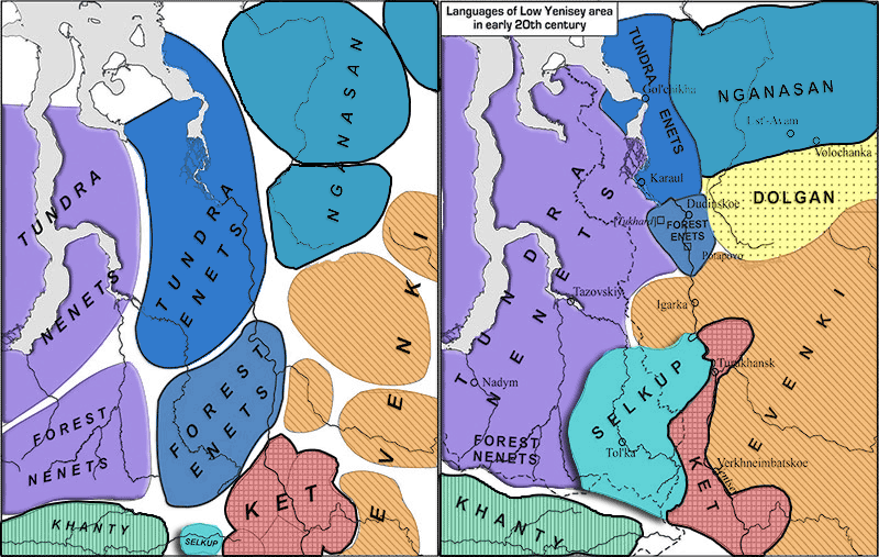 左：17世紀中頃のエネツ族と近隣の先住民族。右、エネツ族と近隣の先住民：19世紀末から20世紀初頭、Yuri Koryakovによる地図（http://lingvarium.org）、Dolgikh（1960）とBruk（1961）を参考にしたもの。原図を修正し、領域を色付けした。
