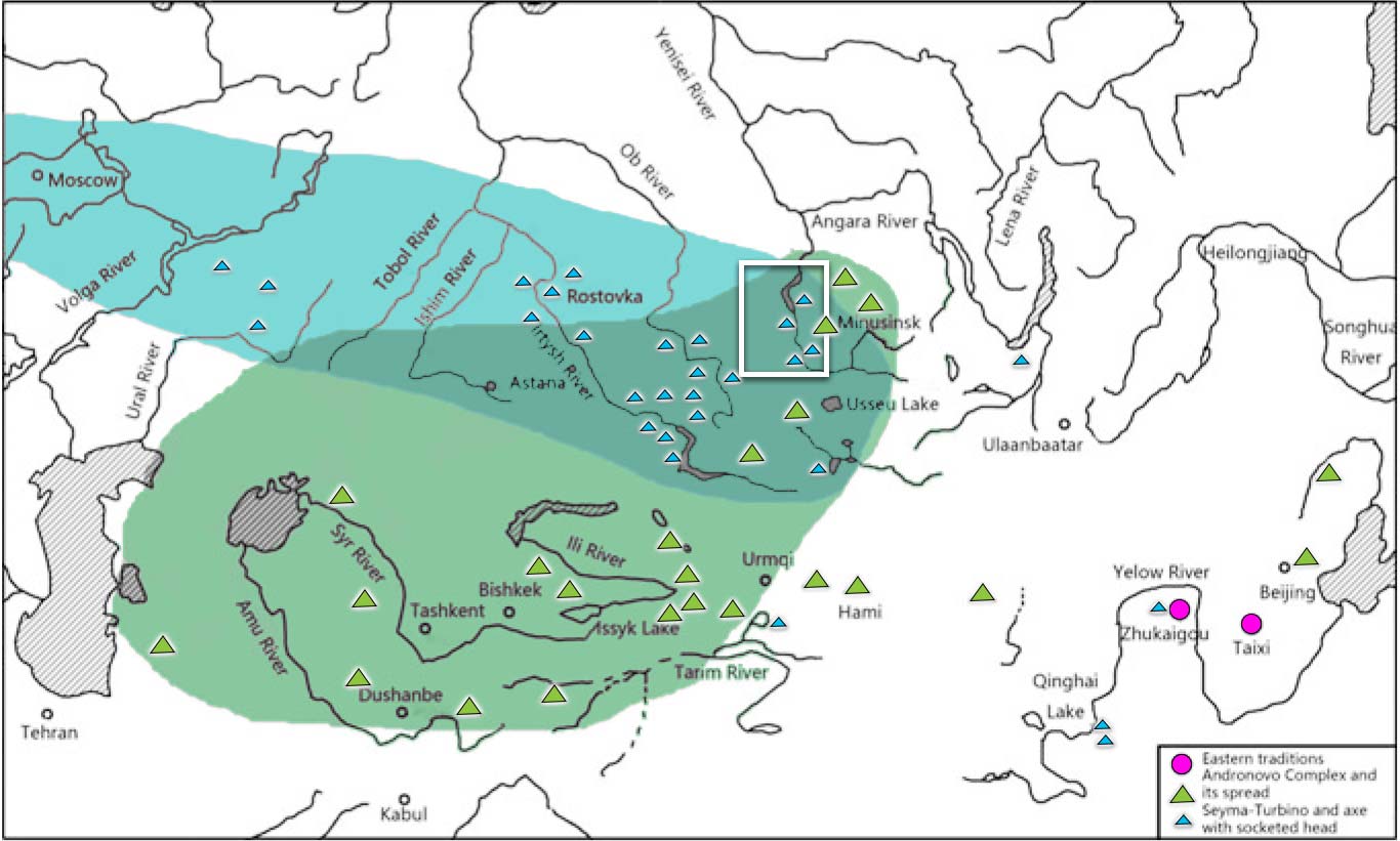 紀元前2千年紀中頃のアンドロノヴォ文化群とセイマ・トゥルビノ複合体、中国北方地帯。白い矩形内：ミヌシンスク盆地のおおよその位置。画像はYang, Shao & Pan (2020)を改変したものだ。